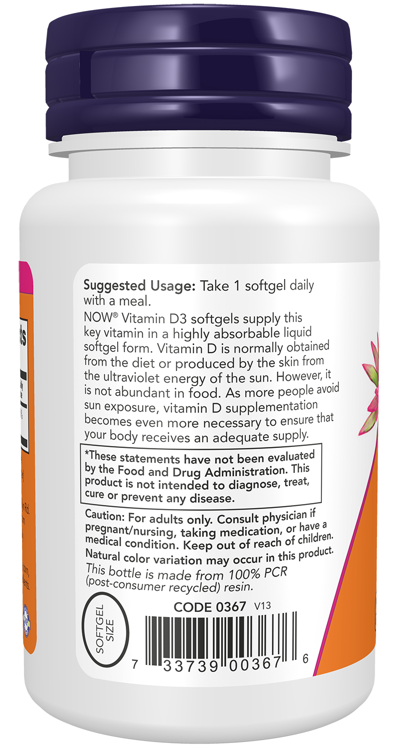 NOW Supplements, Vitamin D3 2,000 IU, High Potency, Structural Support*, 120 Softgels