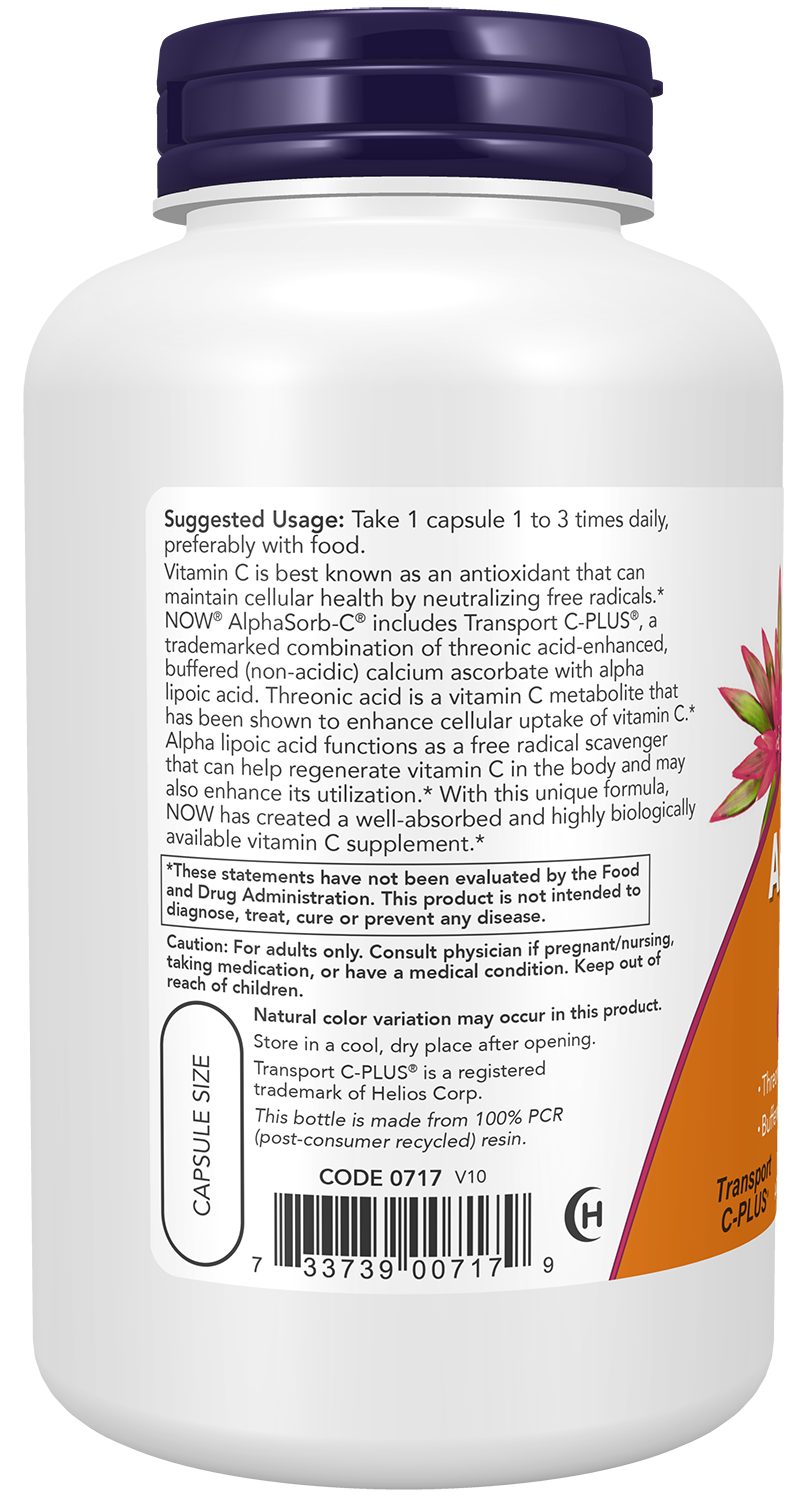 NOW Supplements, AlphaSorb-C® 500 mg with Threonic Acid & Alpha Lipoic Acid Enhanced, 180 Veg Capsules