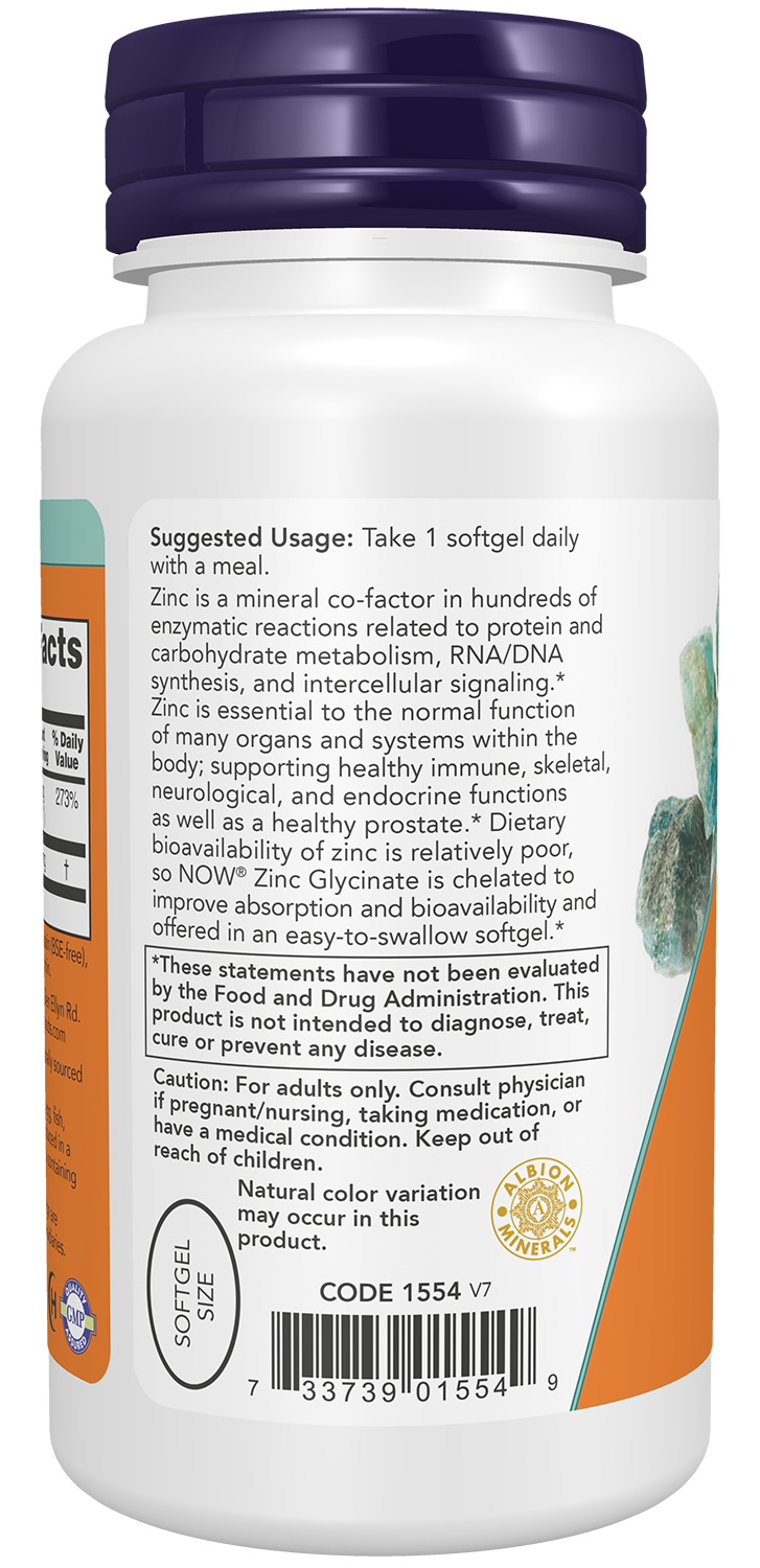 NOW Supplements, Zinc Glycinate with 250 mg Pumpkin Seed Oil, Supports Prostate Health*, 120 Softgels