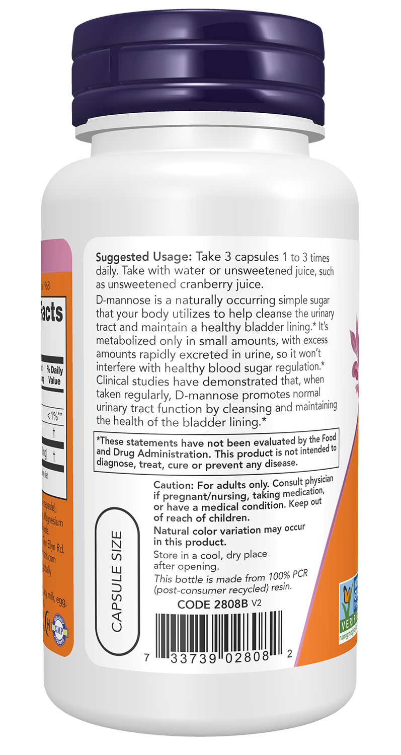 NOW Supplements, D-Mannose 500 mg, Non-GMO Project Verified, Healthy Urinary Tract*, 60 Veg Capsules