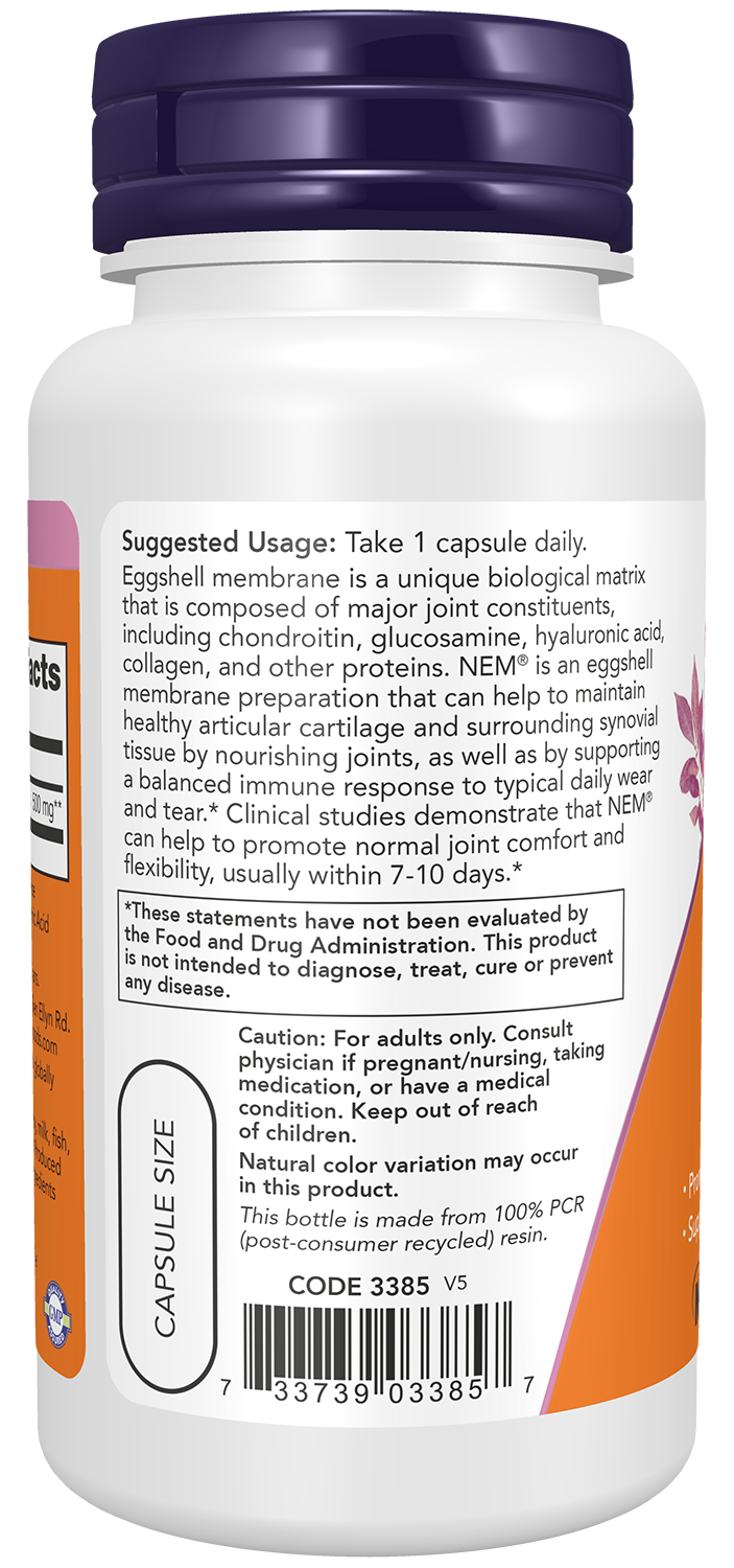 NOW Supplements, Eggshell Membrane (A Unique Biological Matrix Composed of Major Joint Constituents) 500 mg, 60 Veg Capsules
