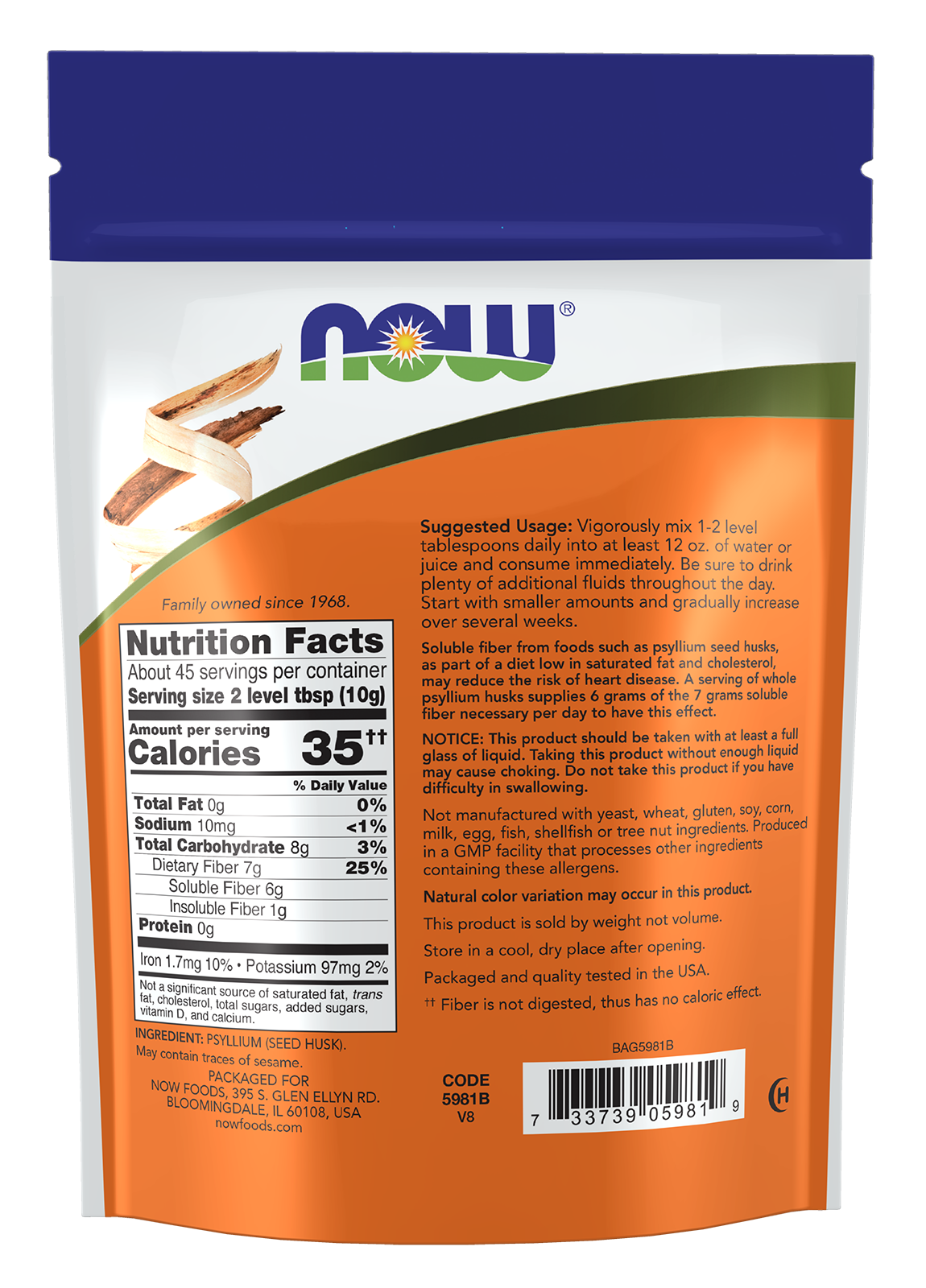 NOW Supplements, Whole Psyllium Husks, Non-GMO Project Verified, Soluble Fiber, 16-Ounce
