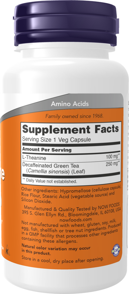 NOW Supplements, L-Theanine 100 mg with Decaf Green Tea, Stress Management*, 90 Veg Capsules
