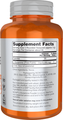 NOW Sports Nutrition, L-Glutamine Pure Powder, Nitrogen Transporter*, Amino Acid, 6-Ounce
