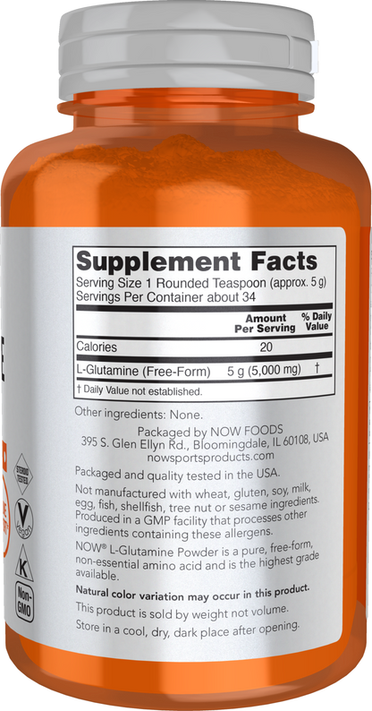 NOW Sports Nutrition, L-Glutamine Pure Powder, Nitrogen Transporter*, Amino Acid, 6-Ounce