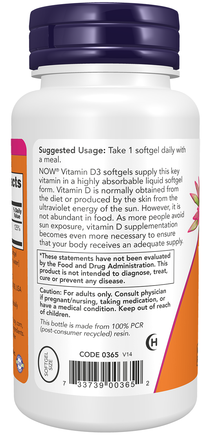 NOW Supplements, Vitamin D3 1,000 IU, High Potency, Structural Support*, 180 Softgels
