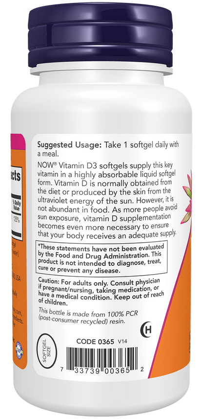 NOW Supplements, Vitamin D3 1,000 IU, High Potency, Structural Support*, 180 Softgels