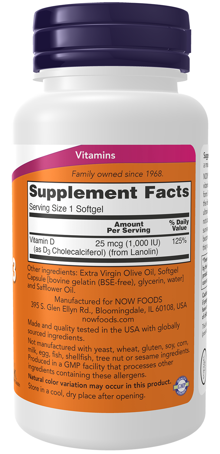 NOW Supplements, Vitamin D3 1,000 IU, High Potency, Structural Support*, 180 Softgels