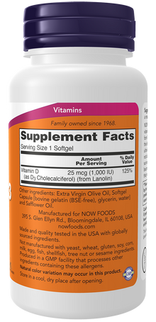 NOW Supplements, Vitamin D3 1,000 IU, High Potency, Structural Support*, 180 Softgels