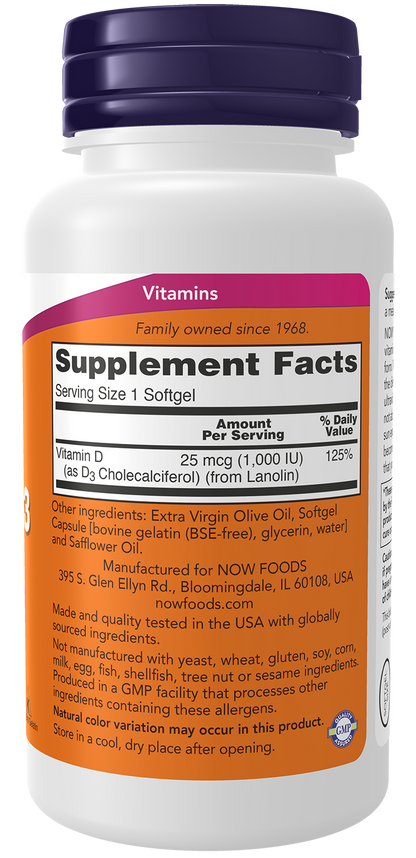 NOW Supplements, Vitamin D3 1,000 IU, High Potency, Structural Support*, 180 Softgels