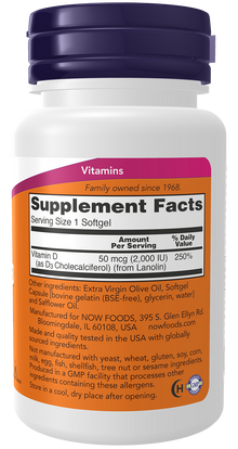 NOW Supplements, Vitamin D3 2,000 IU, High Potency, Structural Support*, 120 Softgels