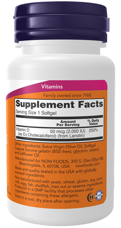NOW Supplements, Vitamin D3 2,000 IU, High Potency, Structural Support*, 120 Softgels