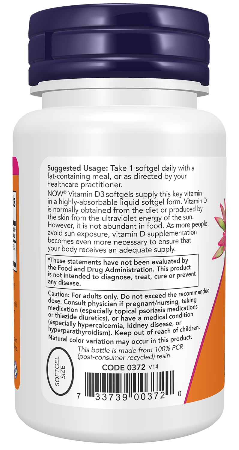 NOW Supplements, Vitamin D3 5,000 IU, High Potency, Structural Support*, 120 Softgels