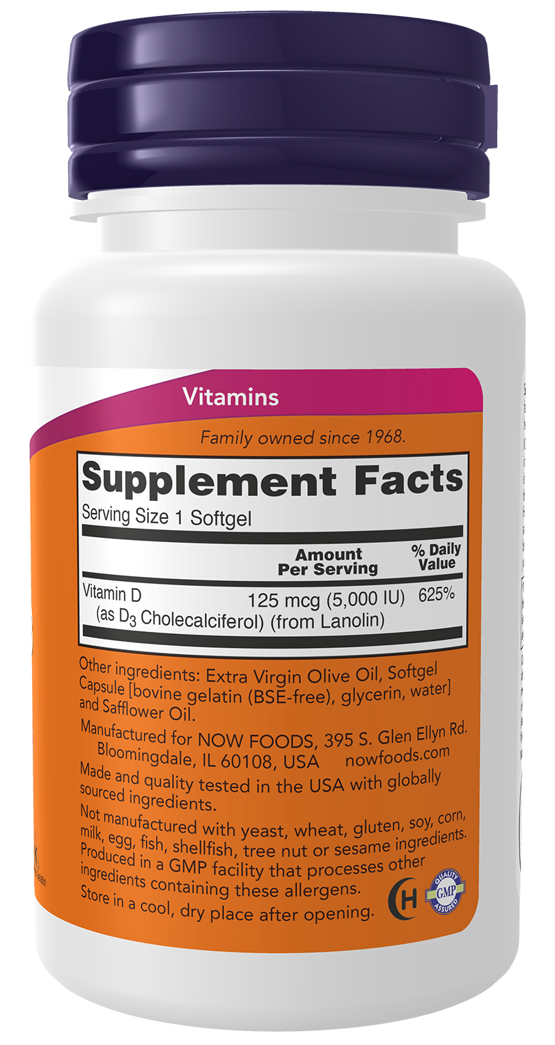 NOW Supplements, Vitamin D3 5,000 IU, High Potency, Structural Support*, 120 Softgels