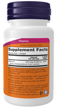NOW Supplements, Vitamin D3 5,000 IU, High Potency, Structural Support*, 120 Softgels