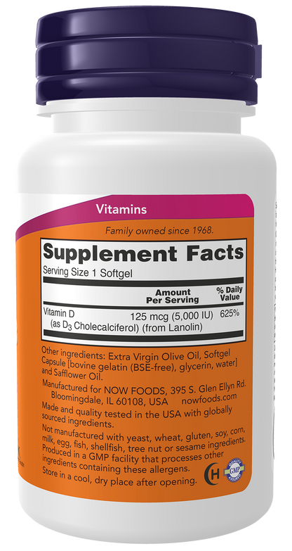 NOW Supplements, Vitamin D3 5,000 IU, High Potency, Structural Support*, 120 Softgels
