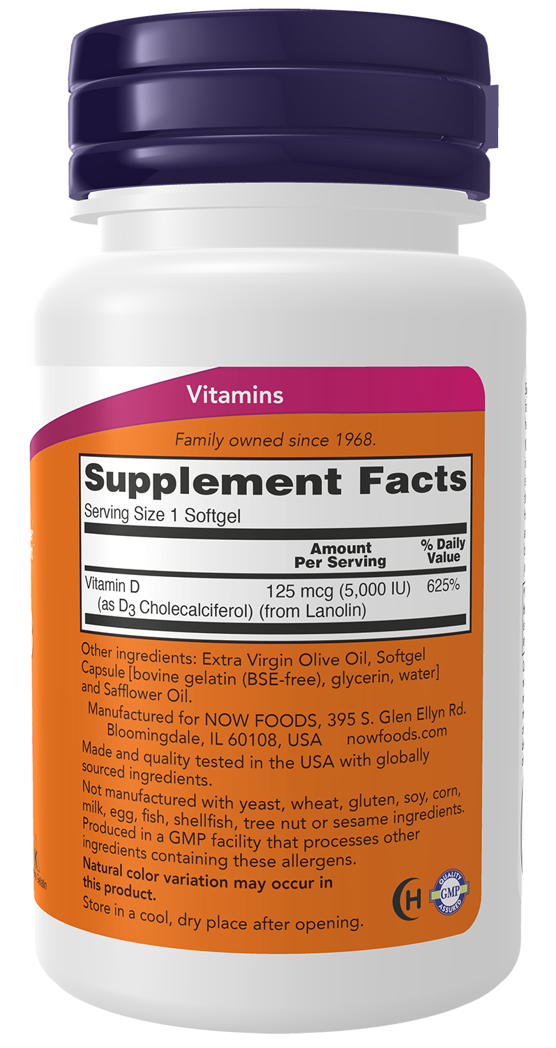 NOW Supplements, Vitamin D3 5,000 IU, High Potency, Structural Support*, 240 Softgels