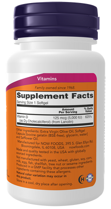NOW Supplements, Vitamin D3 5,000 IU, High Potency, Structural Support*, 240 Softgels