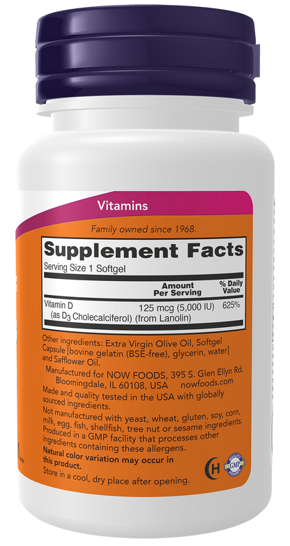 NOW Supplements, Vitamin D3 5,000 IU, High Potency, Structural Support*, 240 Softgels