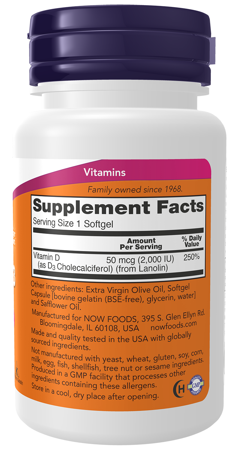 NOW Supplements, Vitamin D3 2,000 IU, High Potency, Structural Support*, 240 Softgels