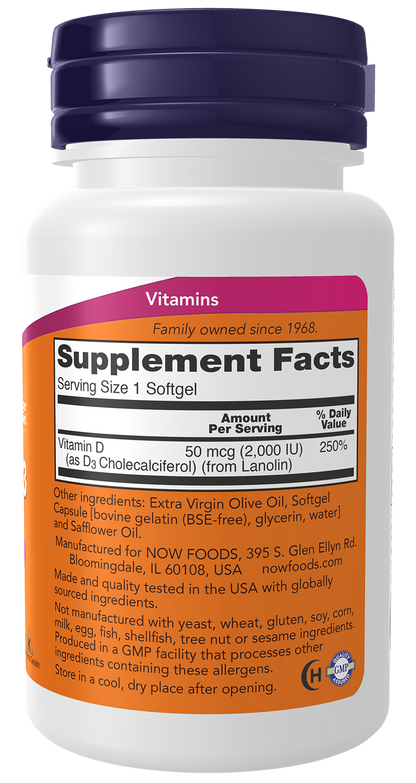 NOW Supplements, Vitamin D3 2,000 IU, High Potency, Structural Support*, 240 Softgels