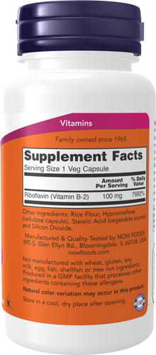 NOW Supplements, Vitamin B-2 (Riboflavin) 100 mg, Energy Production*, 100 Veg Capsules