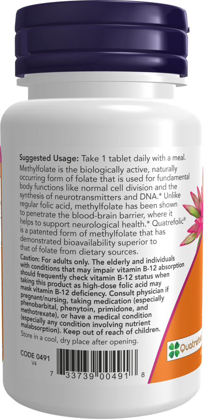 NOW Supplements, Methyl Folate 1,000 mcg, Metabolically Active Folate*, Co-Enzyme B Vitamin, 90 Tablets