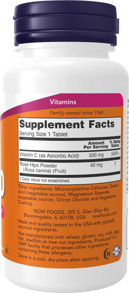 NOW Supplements, Vitamin C-500 with Rose Hips, Antioxidant Protection*, 100 Tablets
