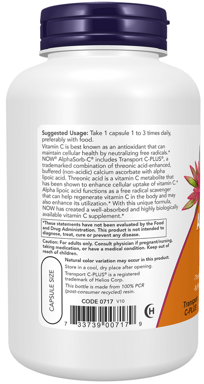 NOW Supplements, AlphaSorb-C® 500 mg with Threonic Acid & Alpha Lipoic Acid Enhanced, 180 Veg Capsules