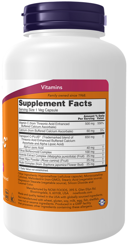 NOW Supplements, AlphaSorb-C® 500 mg with Threonic Acid & Alpha Lipoic Acid Enhanced, 180 Veg Capsules