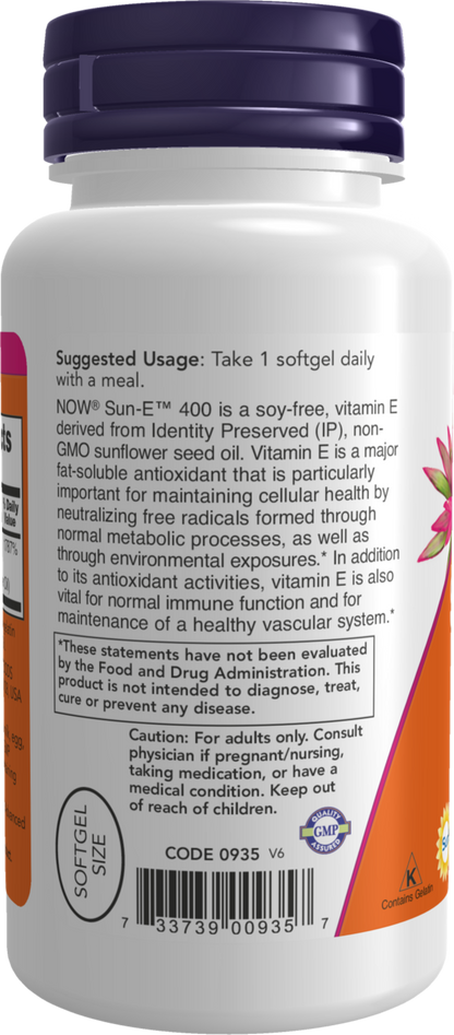 NOW Supplements, Sun-E™ 400 IU with d-alpha Tocopherol from Non-GMO Sunflower Oil, 60 Softgels