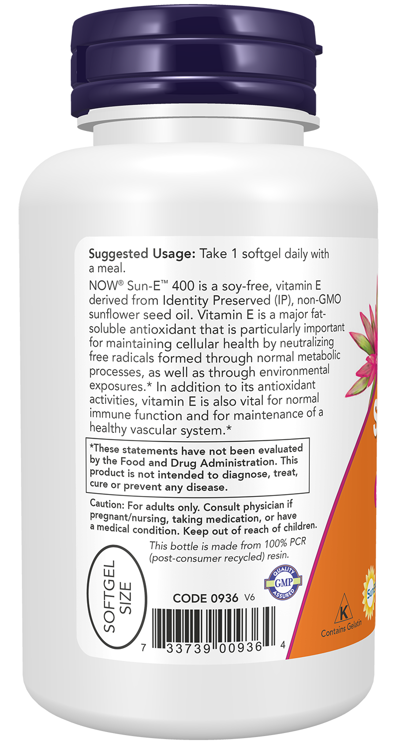 NOW Supplements, Sun-E™ 400 IU with d-alpha Tocopherol from Non-GMO Sunflower Oil, 120 Softgels