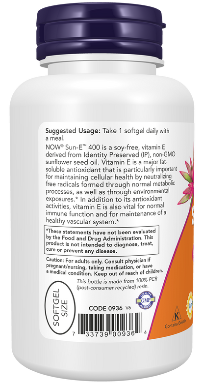 NOW Supplements, Sun-E™ 400 IU with d-alpha Tocopherol from Non-GMO Sunflower Oil, 120 Softgels
