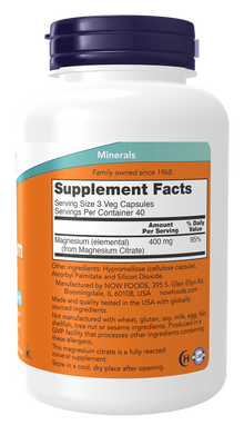 NOW Supplements, Magnesium Citrate, Enzyme Function*, Nervous System Support*, 120 Veg Capsules