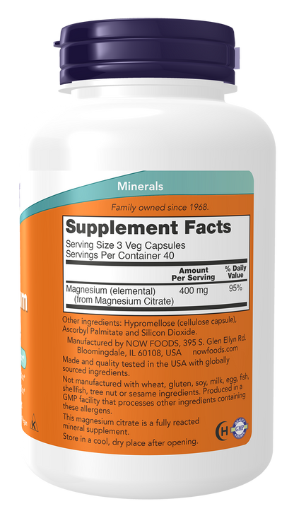 NOW Supplements, Magnesium Citrate, Enzyme Function*, Nervous System Support*, 120 Veg Capsules