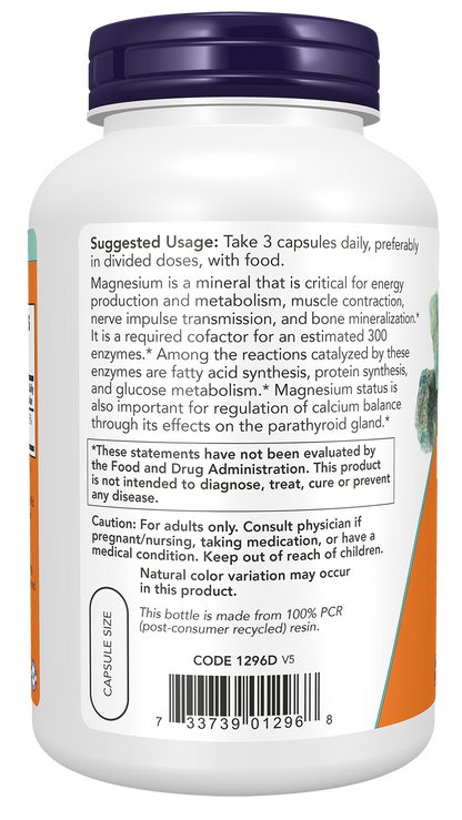 NOW Supplements, Magnesium Citrate, Enzyme Function*, Nervous System Support*, 240 Veg Capsules
