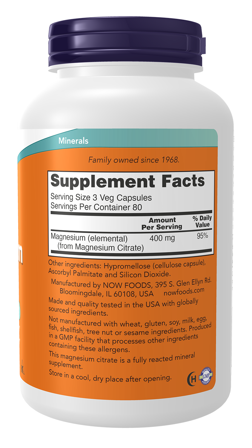 NOW Supplements, Magnesium Citrate, Enzyme Function*, Nervous System Support*, 240 Veg Capsules