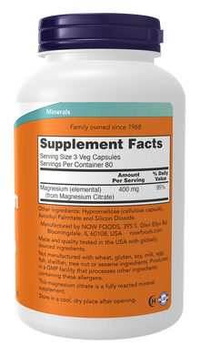 NOW Supplements, Magnesium Citrate, Enzyme Function*, Nervous System Support*, 240 Veg Capsules