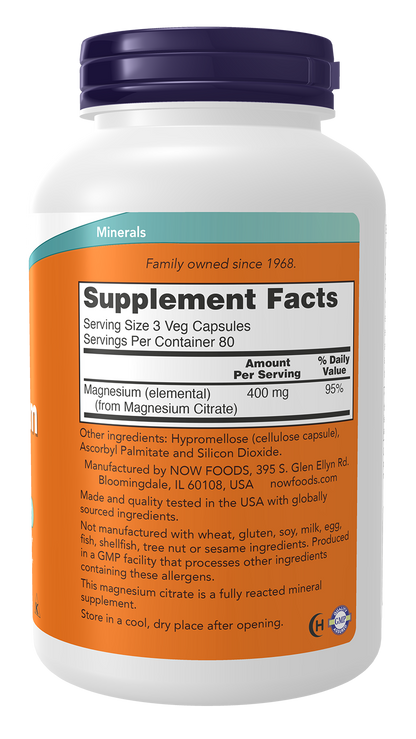 NOW Supplements, Magnesium Citrate, Enzyme Function*, Nervous System Support*, 240 Veg Capsules