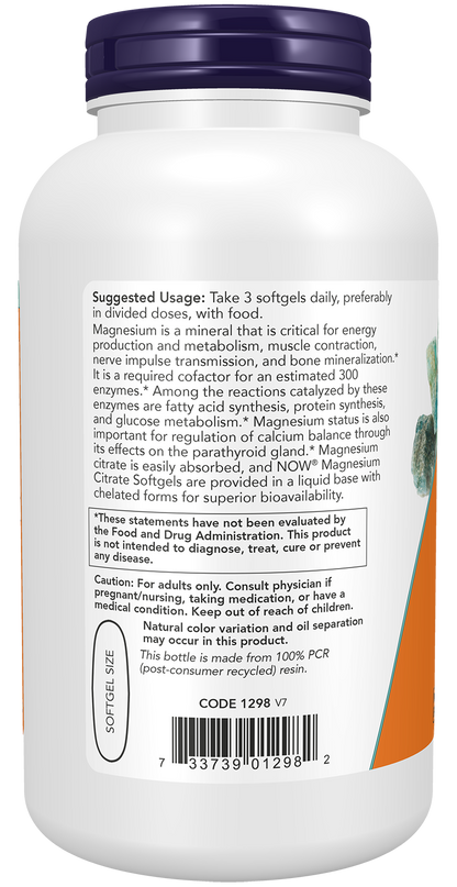 NOW Supplements, Magnesium Citrate, With Glycinate & Malate, Nervous System Support*, 180 Softgels