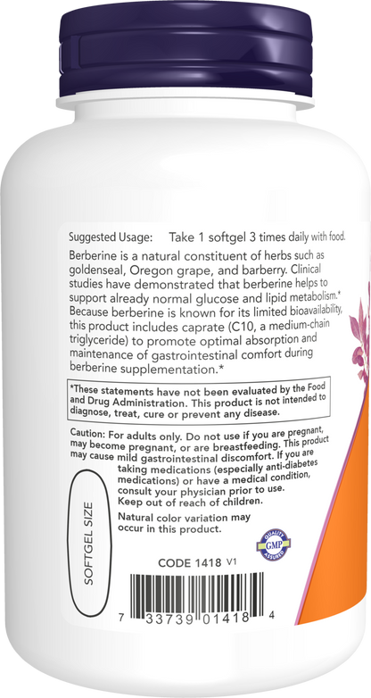 NOW Supplements, Berberine Glucose Support, Combined with MCT Oil for Optimal Berberine Absorption, 90 Softgels