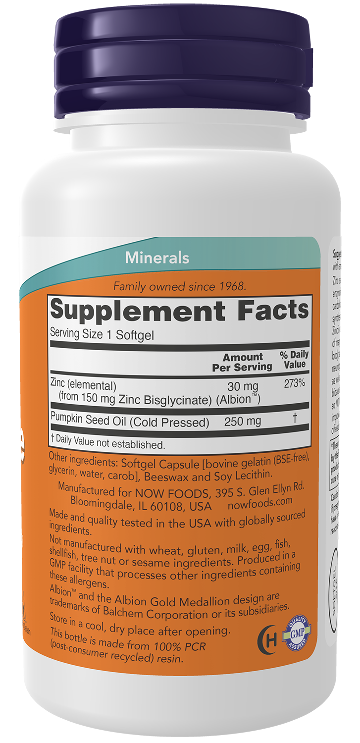 NOW Supplements, Zinc Glycinate with 250 mg Pumpkin Seed Oil, Supports Prostate Health*, 120 Softgels