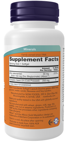 NOW Supplements, Zinc Glycinate with 250 mg Pumpkin Seed Oil, Supports Prostate Health*, 120 Softgels