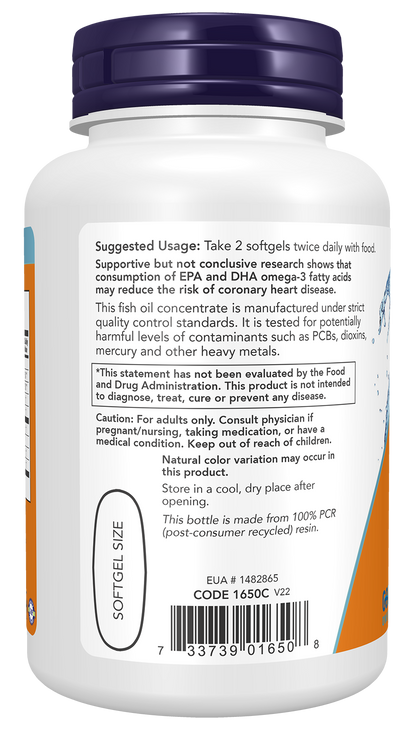 NOW Supplements, Omega-3 180 EPA / 120 DHA, Molecularly Distilled, Cardiovascular Support*, 100 Softgels