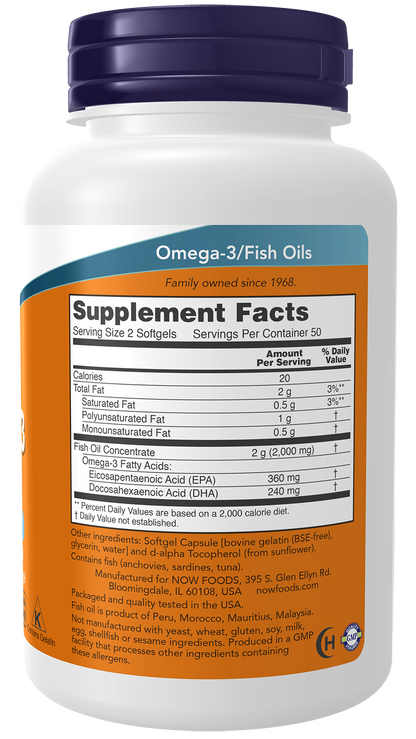 NOW Supplements, Omega-3 180 EPA / 120 DHA, Molecularly Distilled, Cardiovascular Support*, 100 Softgels