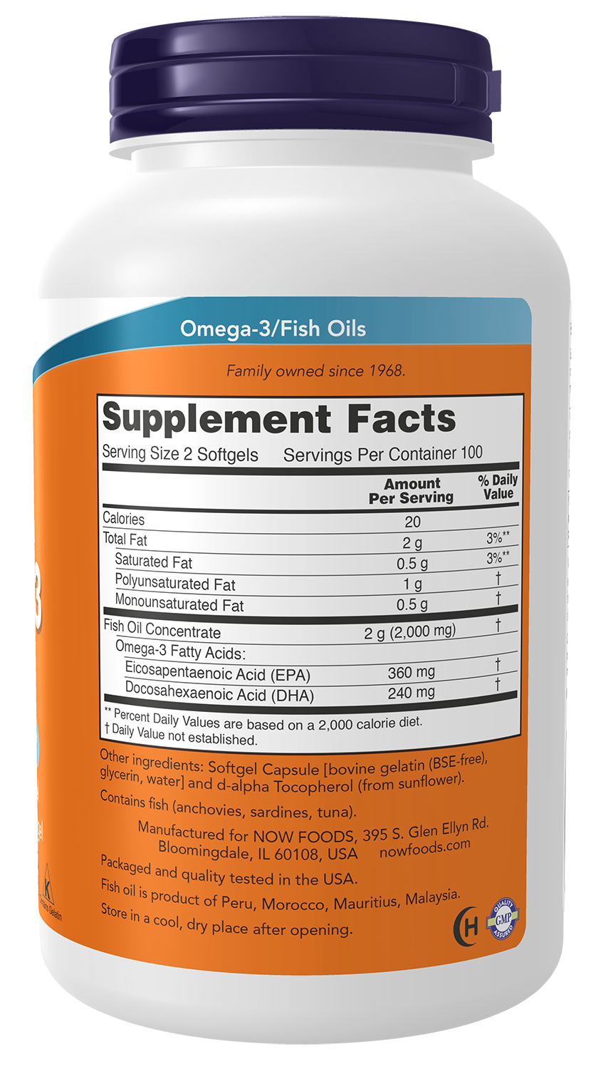 NOW Supplements, Omega-3 180 EPA / 120 DHA, Molecularly Distilled, Cardiovascular Support*, 200 Softgels