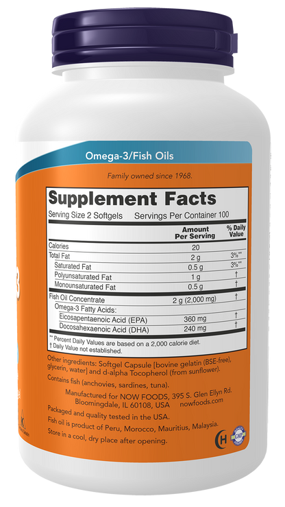 NOW Supplements, Omega-3 180 EPA / 120 DHA, Molecularly Distilled, Cardiovascular Support*, 200 Softgels