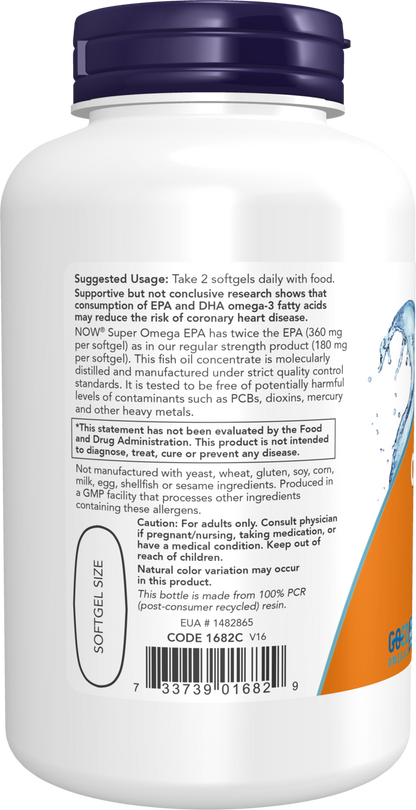 NOW Supplements, Super Omega EPA, 360 EPA / 240 DHA, Molecularly Distilled, Cardiovascular Support*, 120 Softgels