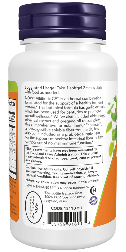 NOW Supplements, AlliBiotic CF™, with Garlic Extract, Olive Leaf Extract, Elderberry & Oregano, Non-Drowsy Formula, 60 Softgels