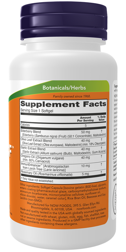 NOW Supplements, AlliBiotic CF™, with Garlic Extract, Olive Leaf Extract, Elderberry & Oregano, Non-Drowsy Formula, 60 Softgels